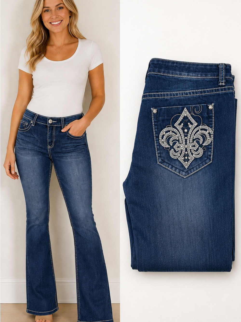 ND Weekend Jeans Size 16 Dark Blue Wash Flare Embellished Pockets Stretch